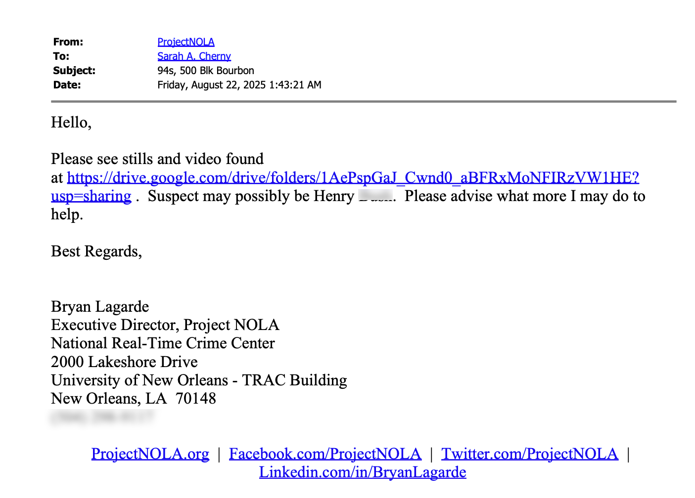 Email from Project NOLA sharing a public Google Drive link